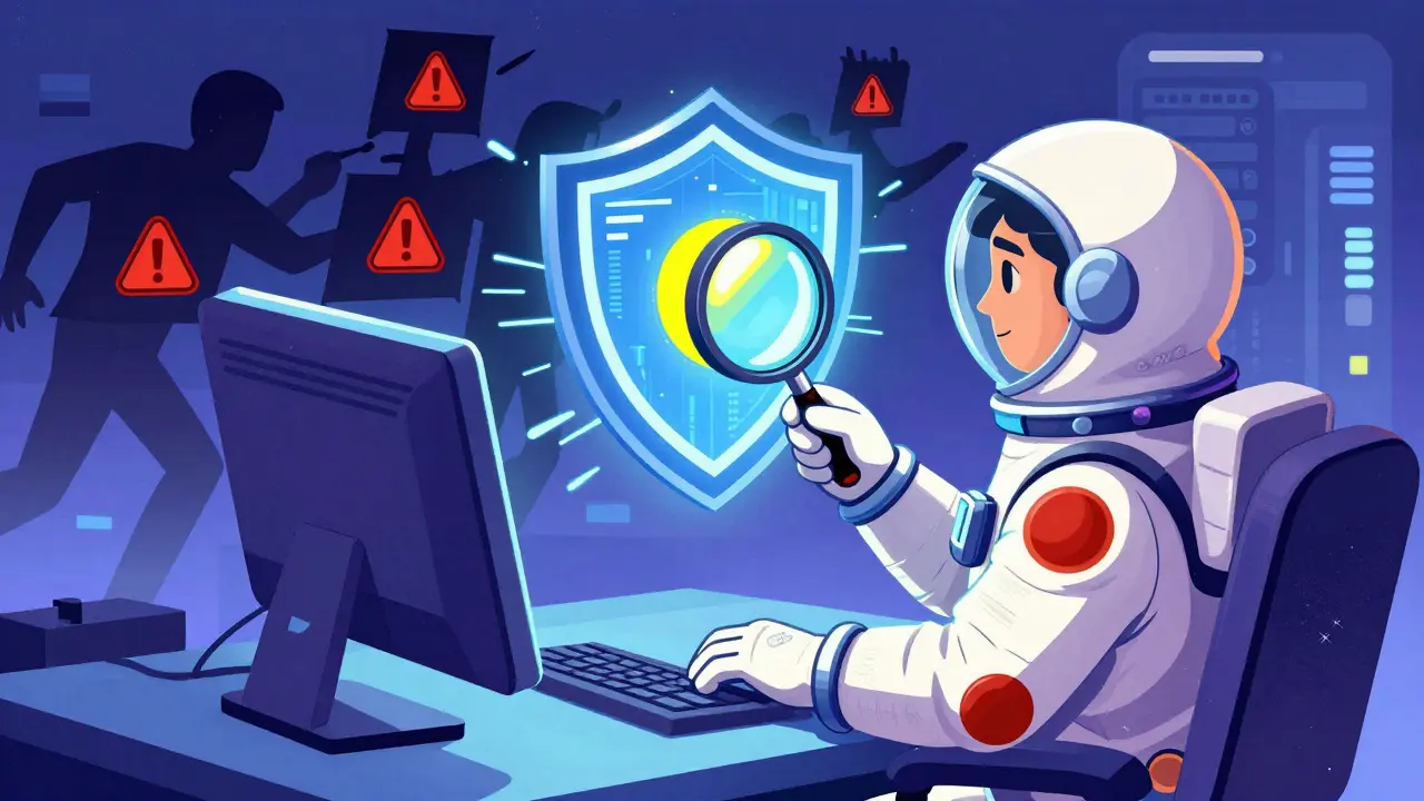 Retro-futuristic character using a magnifying glass to verify online pharmacy safety seals.