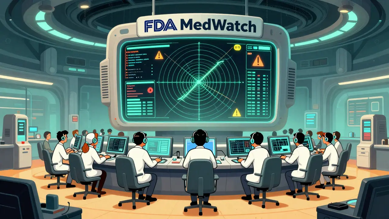 Retro-futuristic control room monitoring drug safety data on large radar screens.
