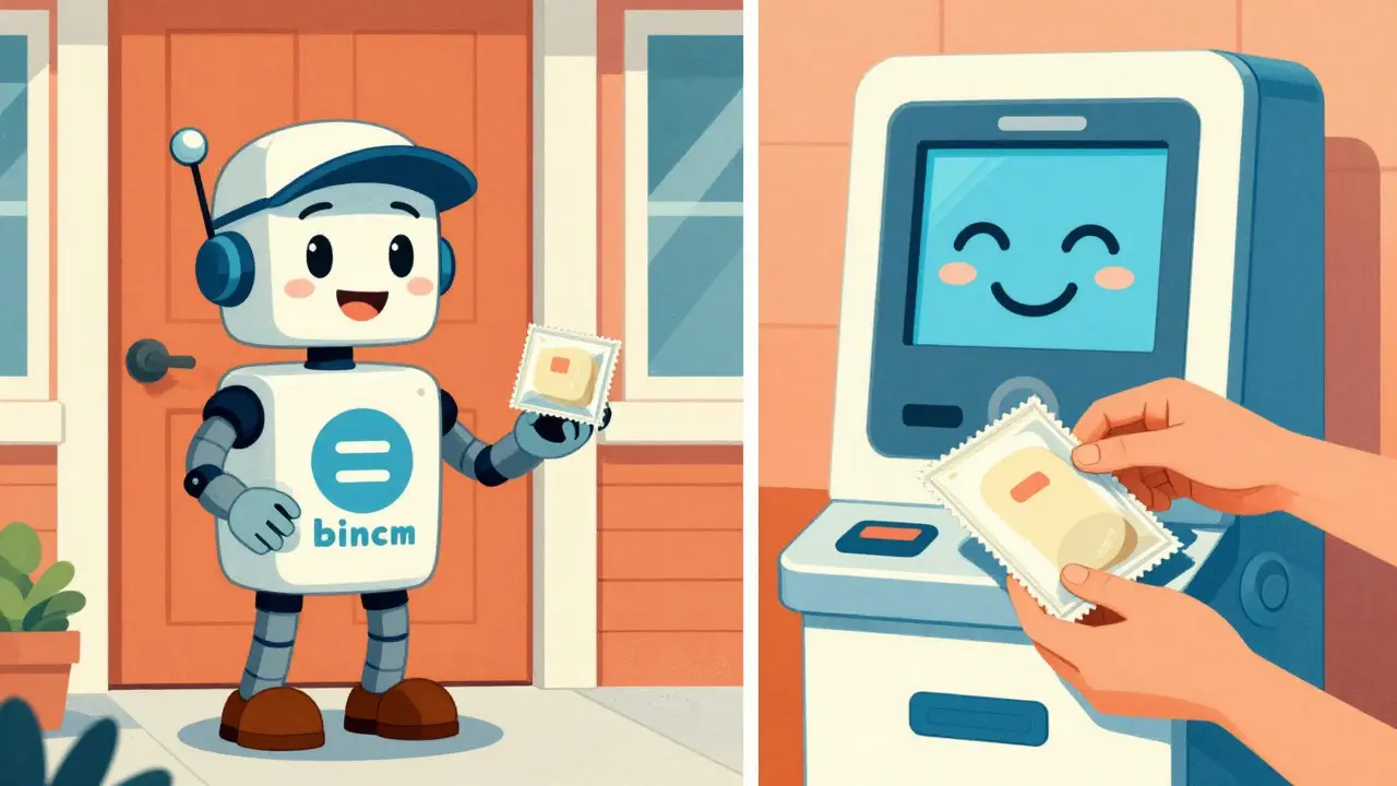 Retro-futuristic robot delivering medication and a person picking up at a kiosk.
