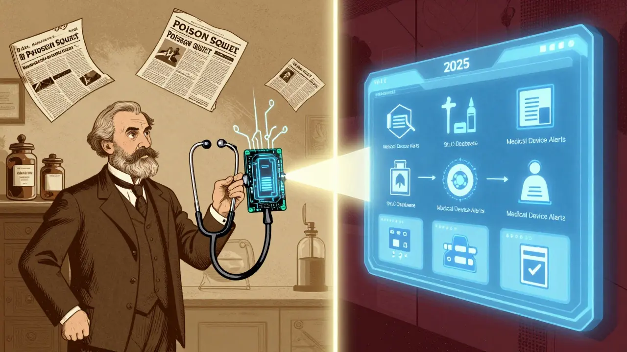 Split illustration comparing 1906 poison squad era to modern FDA database