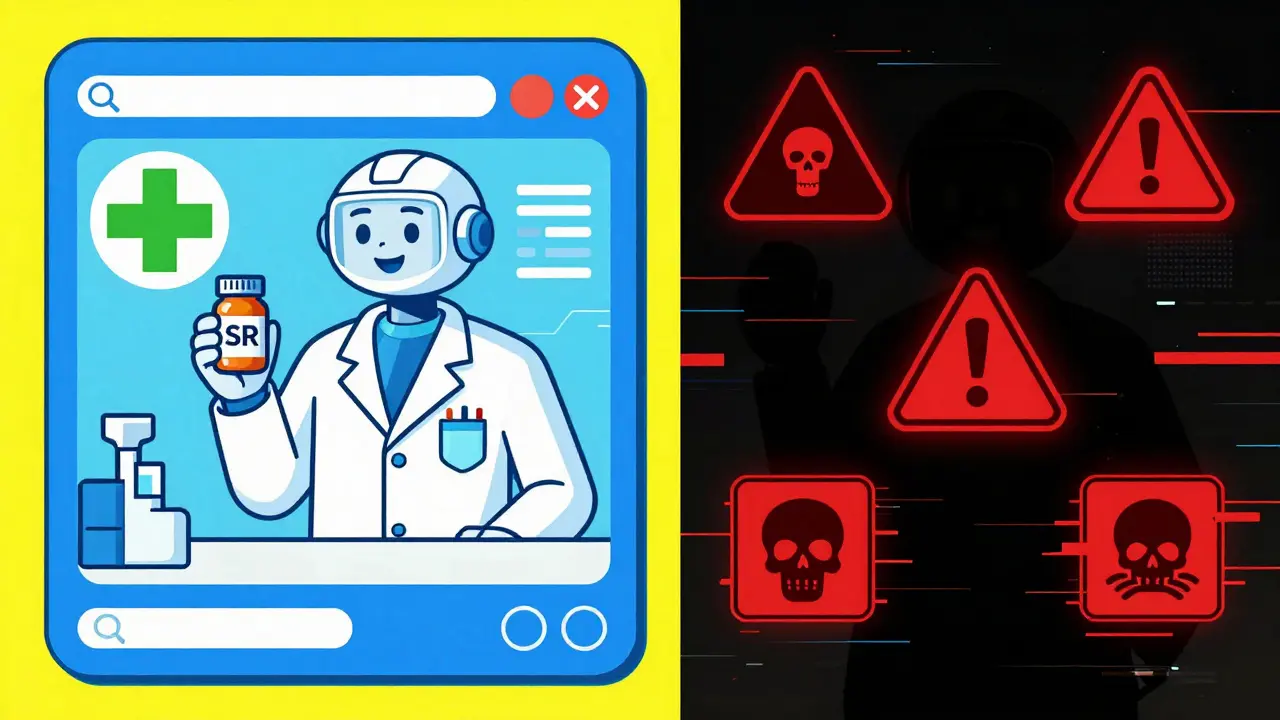 Split illustration comparing safe pharmacy vs scam site in retro style