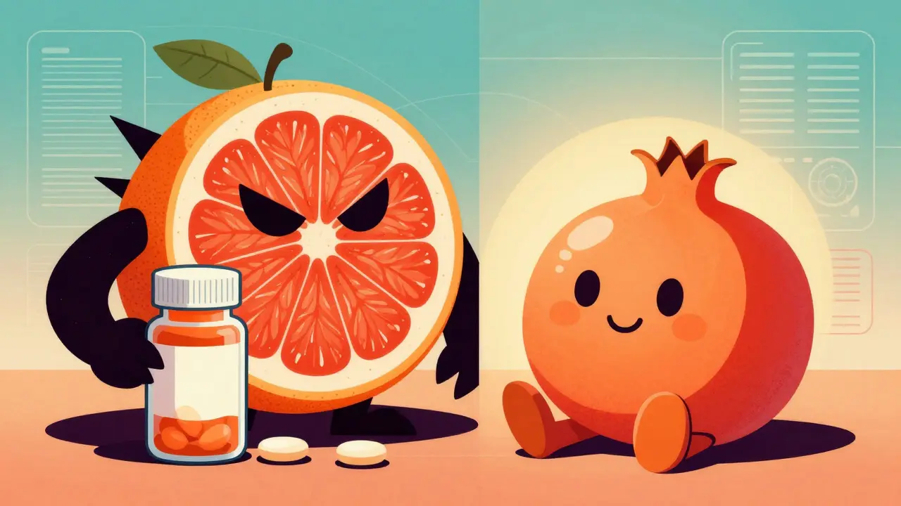 Stylized comparison of dangerous grapefruit versus safe pomegranate juice characters.