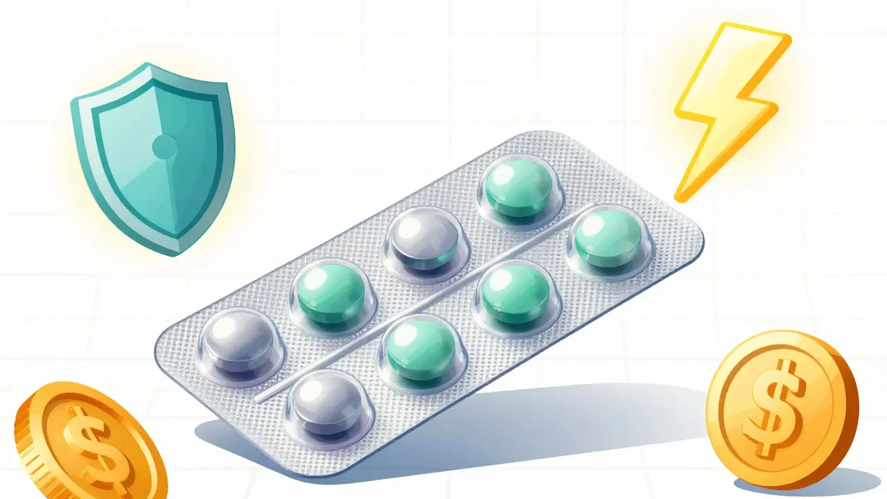 Stylized illustration of contraceptive pills with security and savings icons.