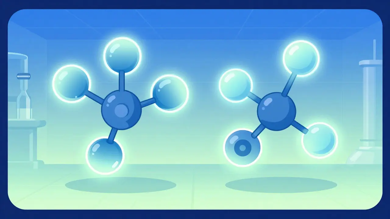 Two identical glowing molecules side by side illustrating generic drug bioequivalence in retro style.
