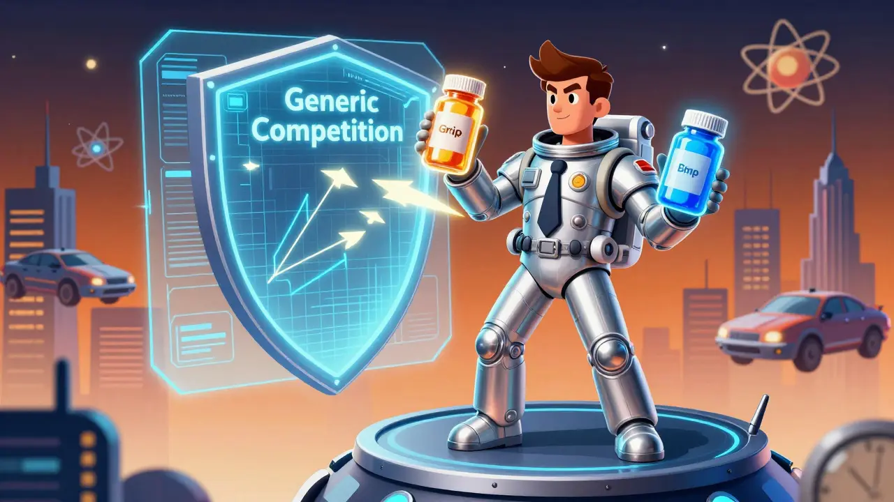 CEO protecting market share from generic competition in retro-sci-fi style