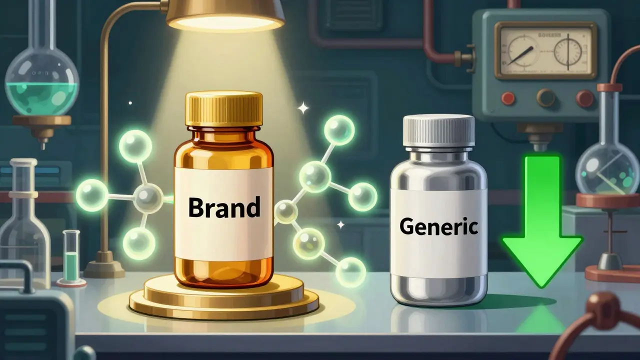 Comparison of brand name and generic pills showing same molecules