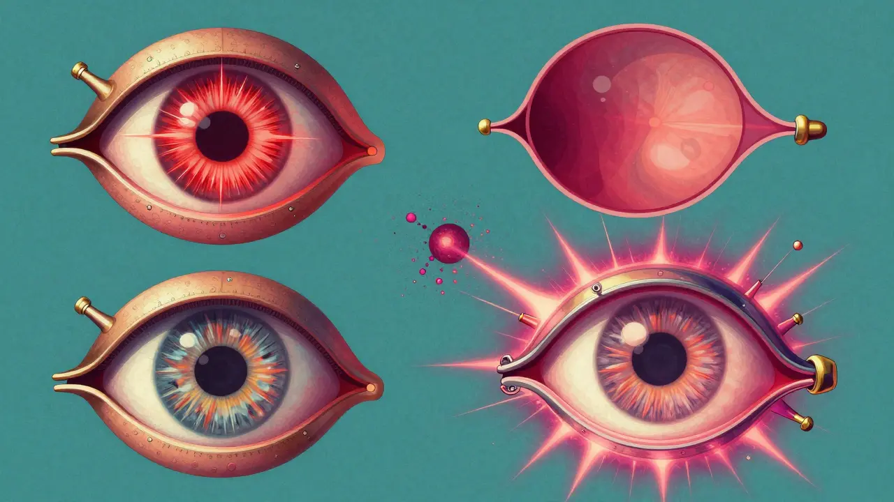 Four stylized eye diagrams illustrating different types of uveitis in a retro-futuristic medical poster style.