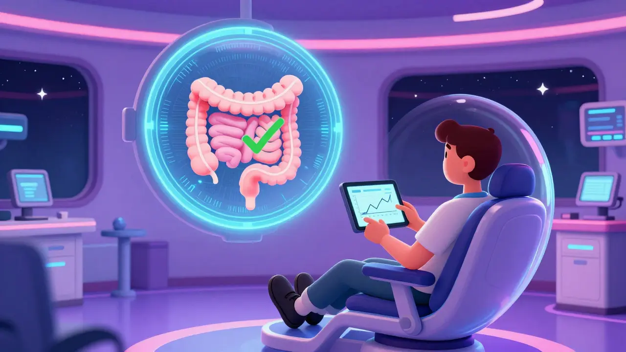 Futuristic medical room showing successful recovery from diverticulitis.