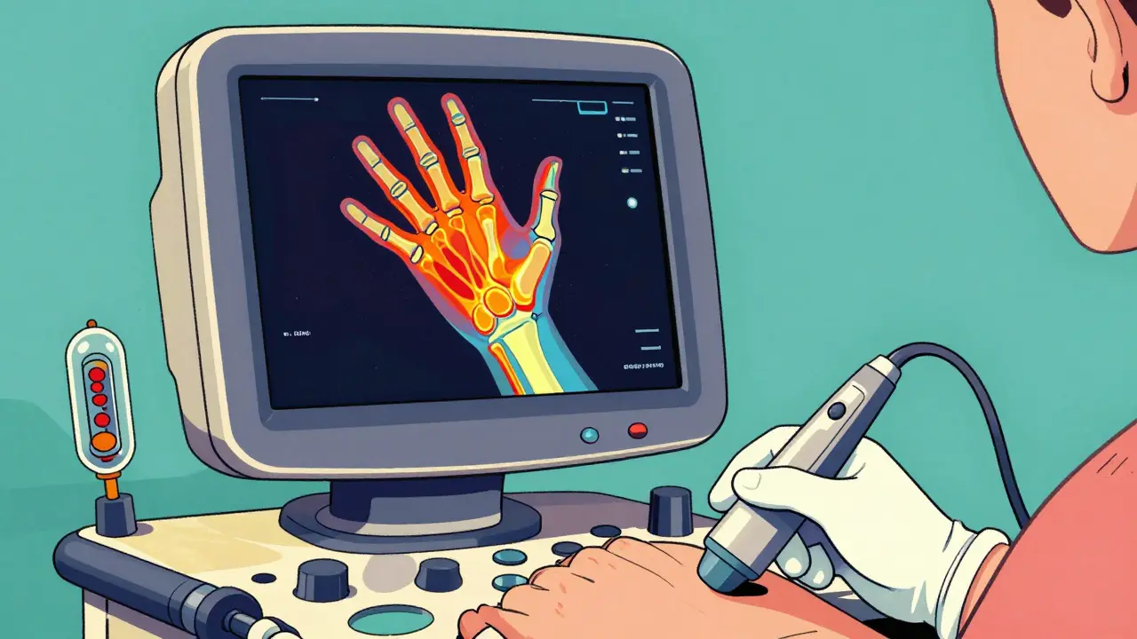 Futuristic ultrasound scan revealing inflammation in a hand joint with color overlays.
