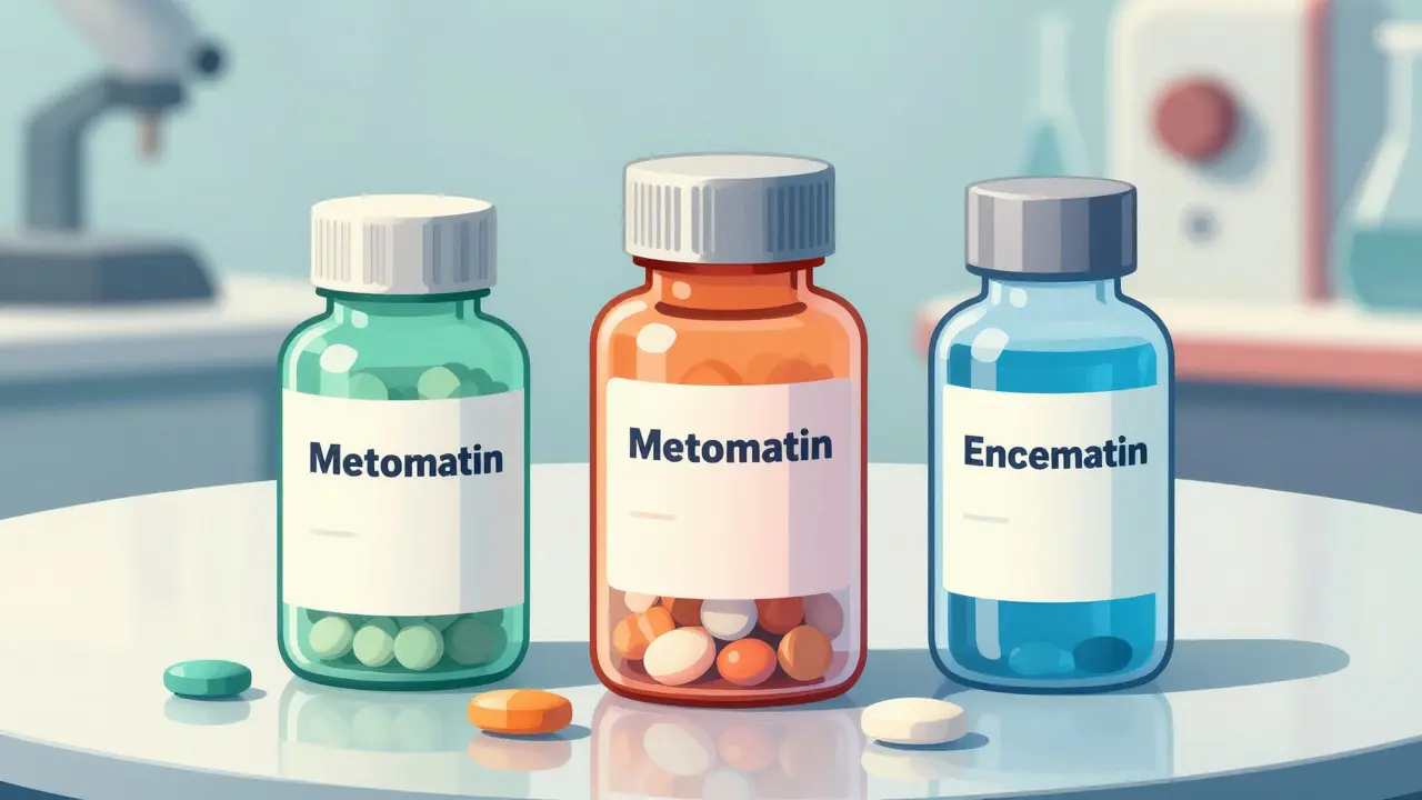 Illustration of three retro-styled pill bottles representing different forms of metformin medication.