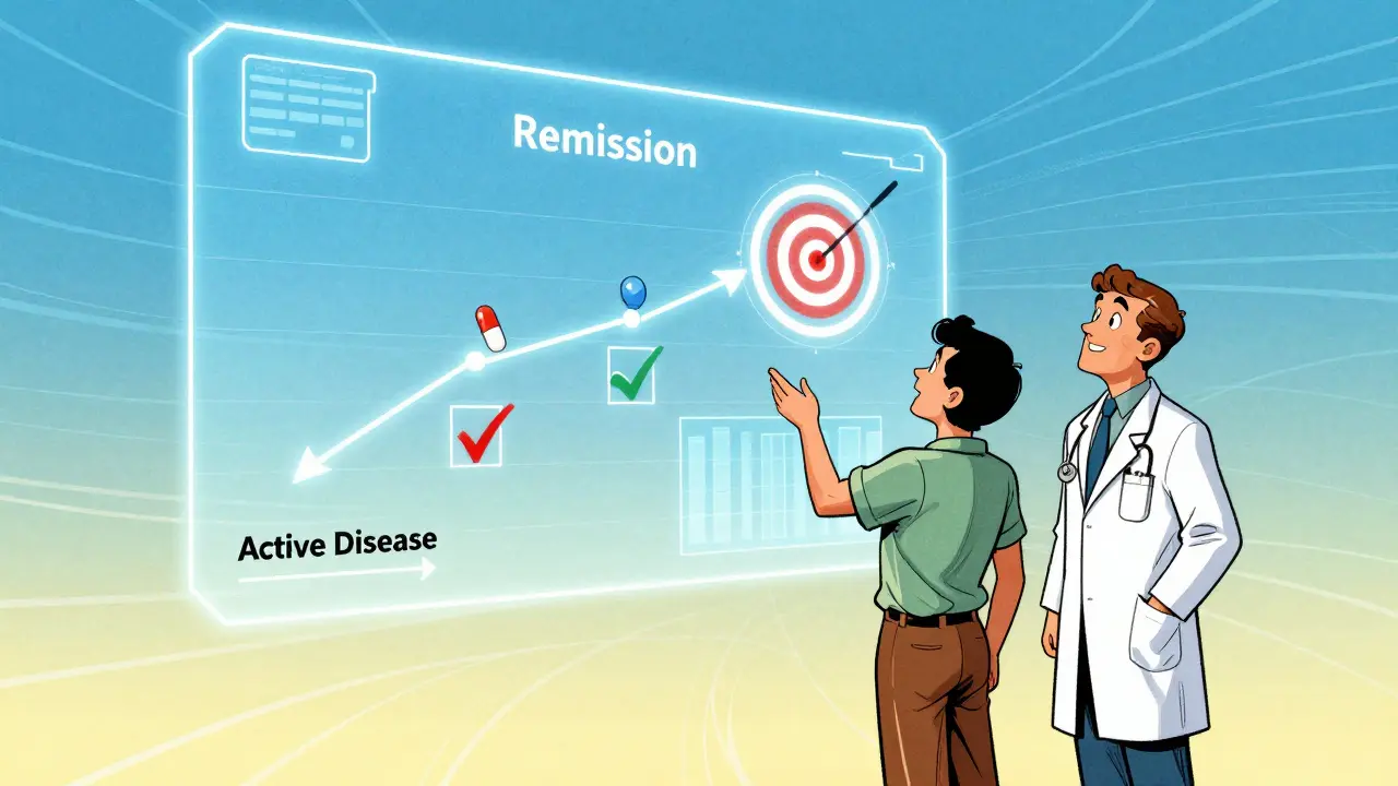 Patient and doctor viewing a holographic target goal for rheumatoid arthritis remission.