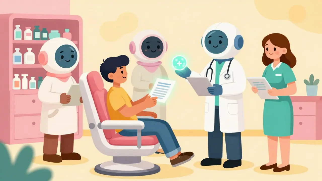Patient collaborating with friendly medical avatars in a warm, futuristic clinic setting