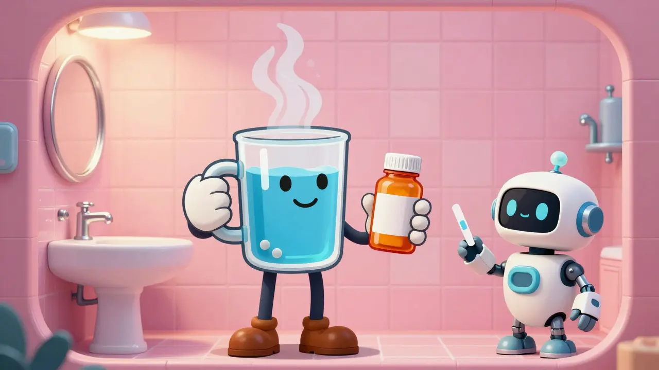 Patient drinking water with pill and test strip