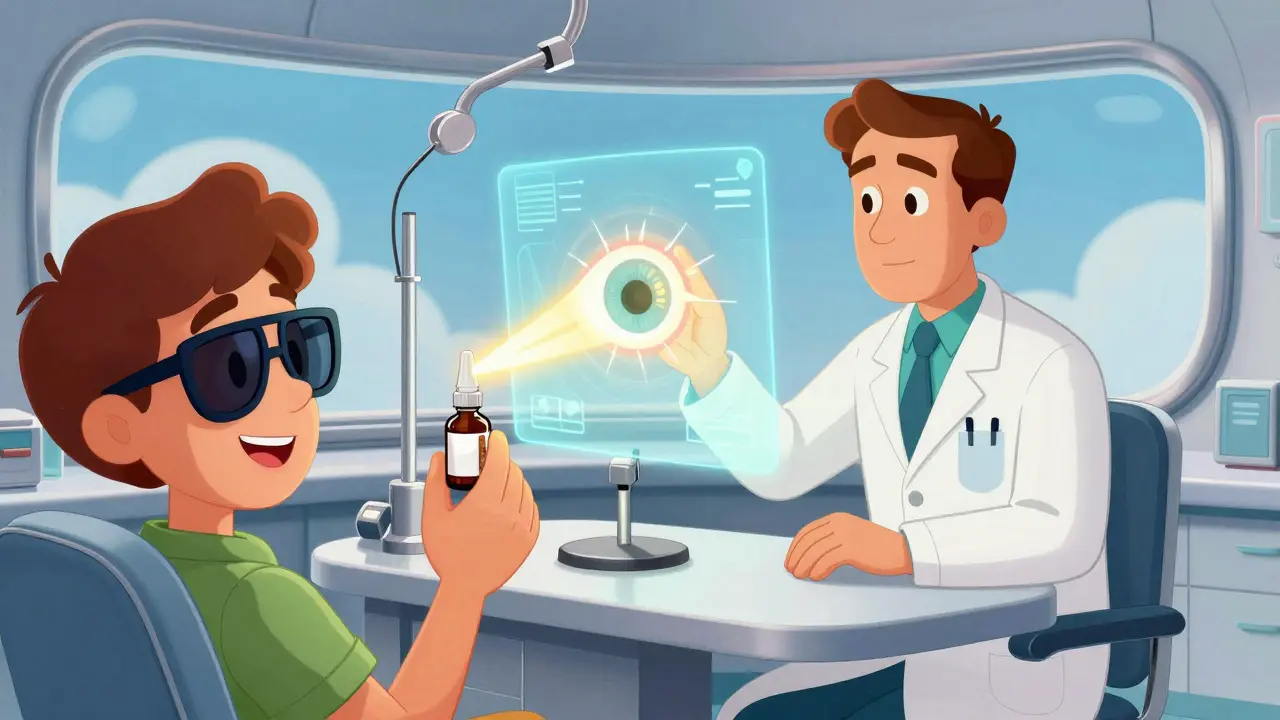 Patient using steroid eye drops in a futuristic clinic, symbolizing uveitis treatment and management.