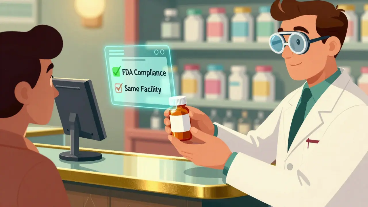 Pharmacist handing approved authorized generic pill in retro-futuristic shop