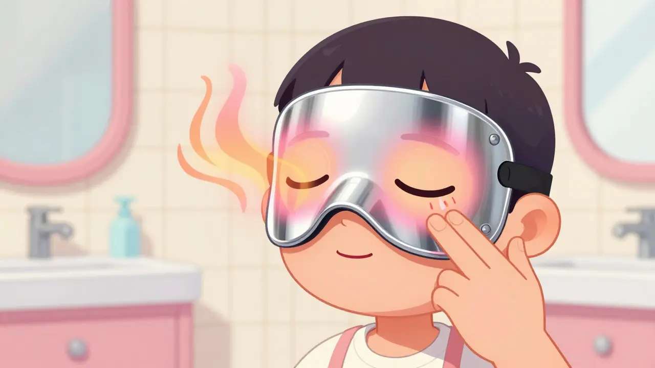 Retro-futuristic character using a high-tech warming mask for eye care.