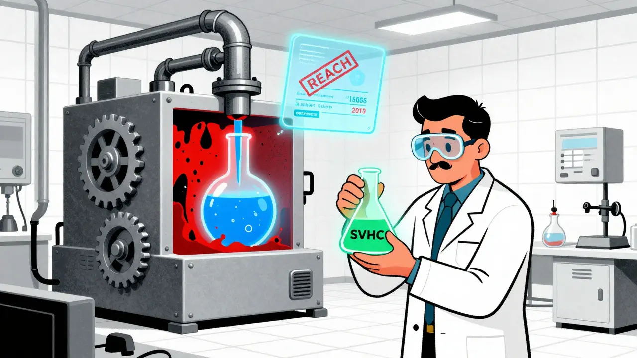 Scientist in retro lab using machinery to replace hazardous chemicals safely.