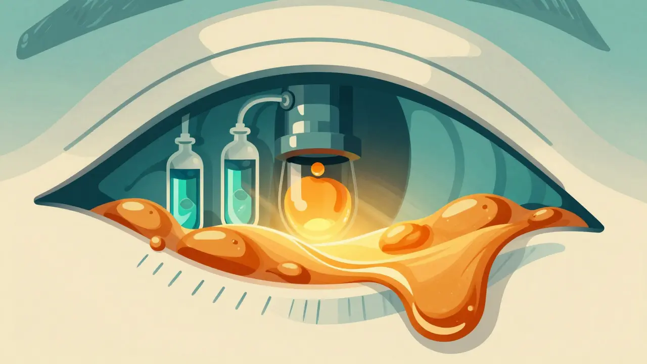 Vintage sci-fi illustration showing heat melting clogged oils in eyelid glands.
