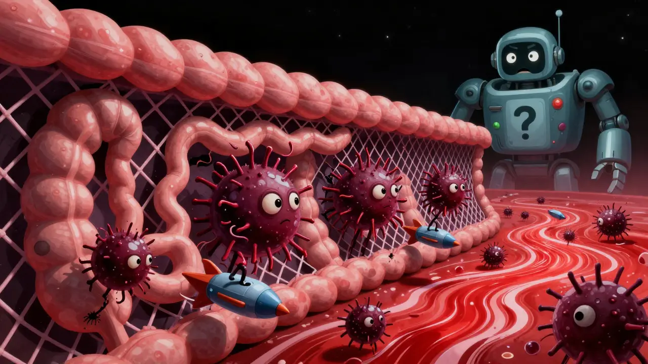 Cartoon bacteria escaping a leaky gut into the bloodstream via rockets.