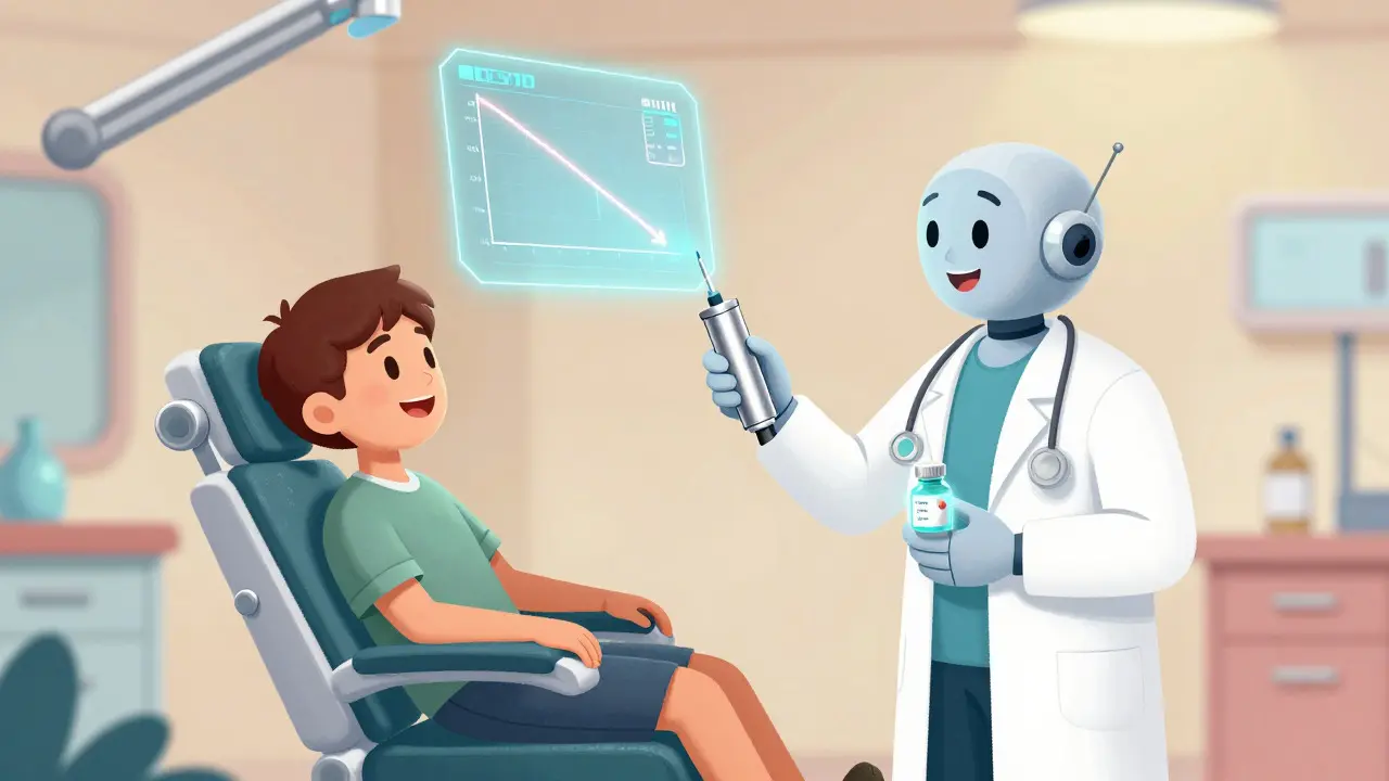 Doctor explaining biologic injections and pills for chronic hives treatment