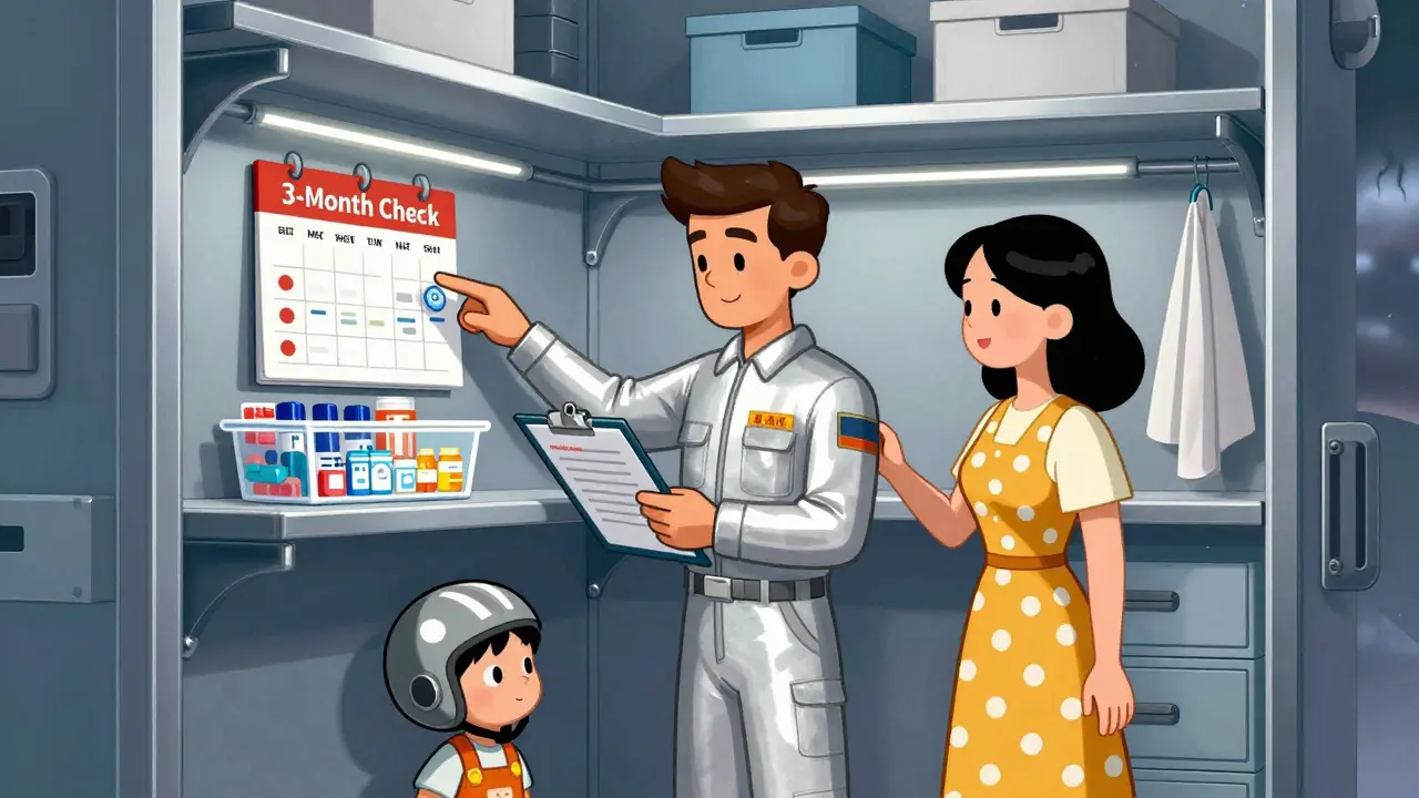 Family checking medication kit in a retro-futuristic closet