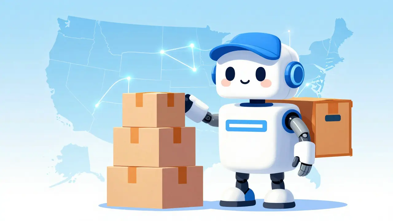 Friendly robot delivering medicine packages with a US map background