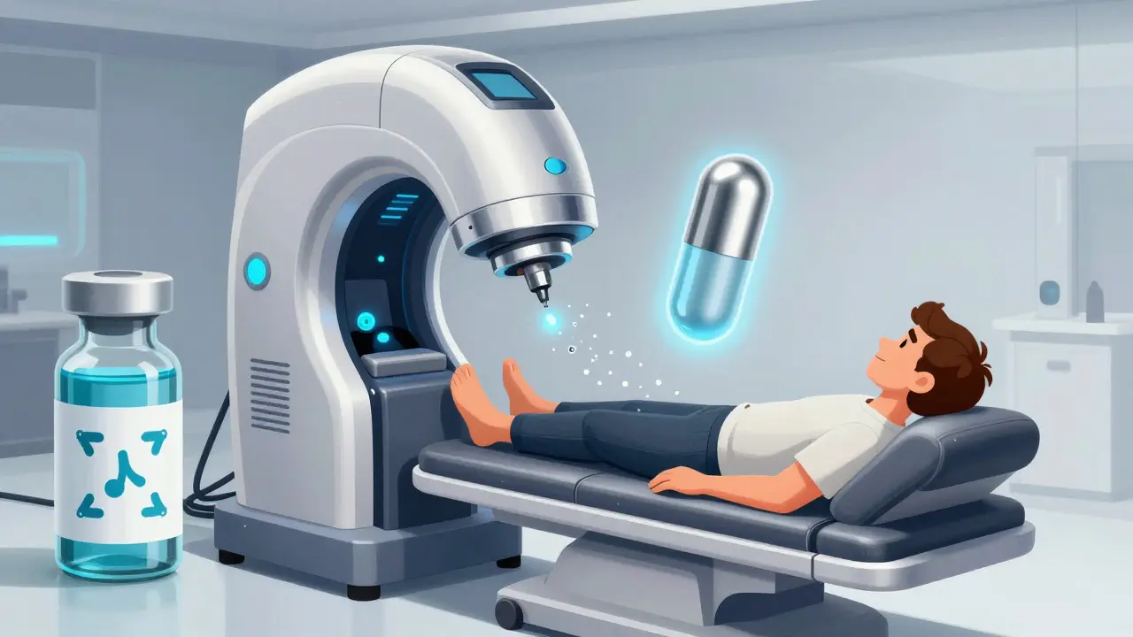Futuristic art showing immunotherapy machine and biologic treatment vial