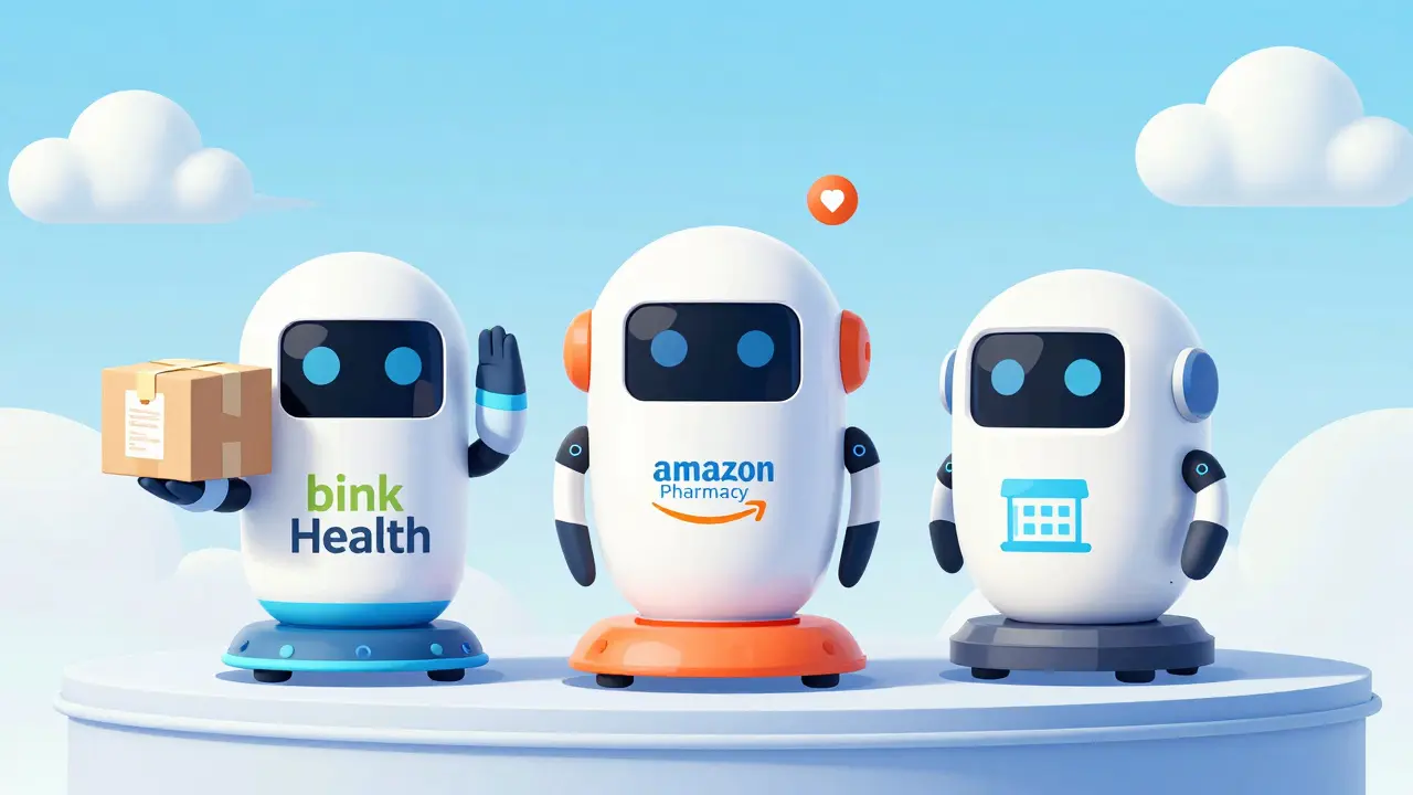 Futuristic delivery robots representing online pharmacy choices