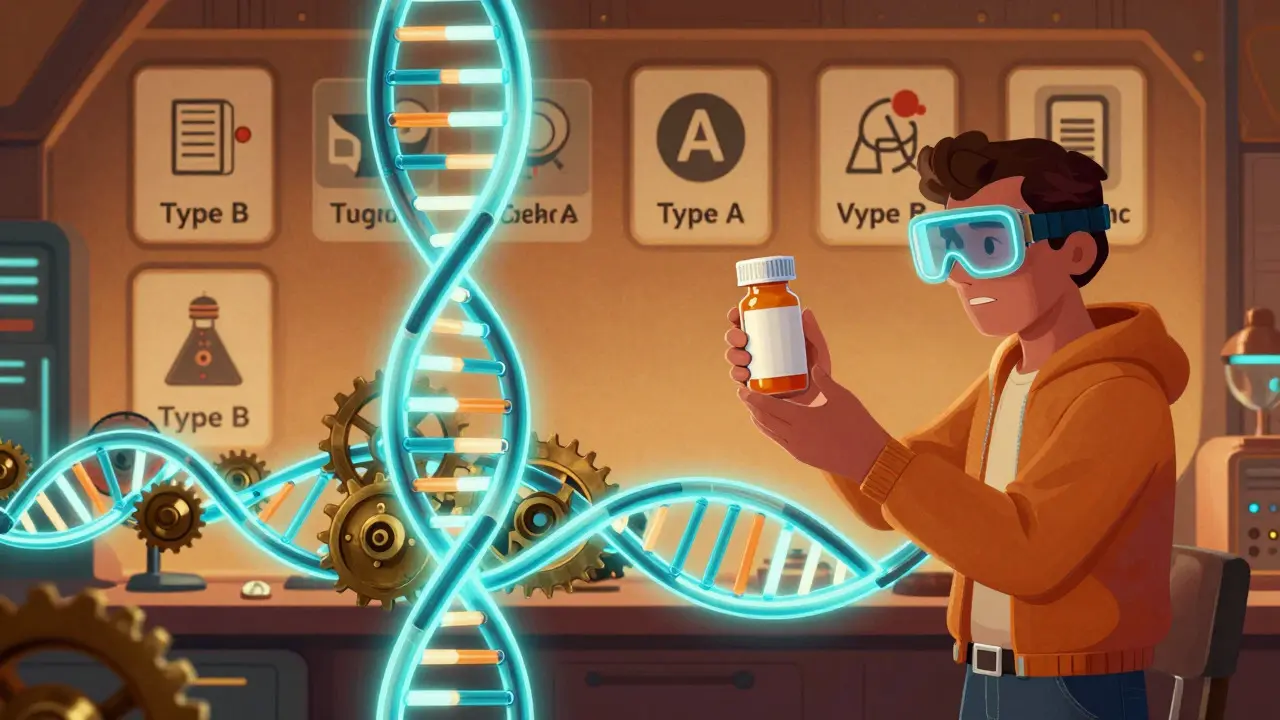 Futuristic DNA helix and tech visuals symbolizing genetics in drug safety classification