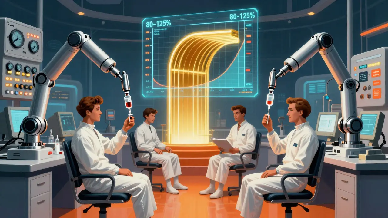 Futuristic lab scene showing blood tests and 80-125% bioequivalence graph