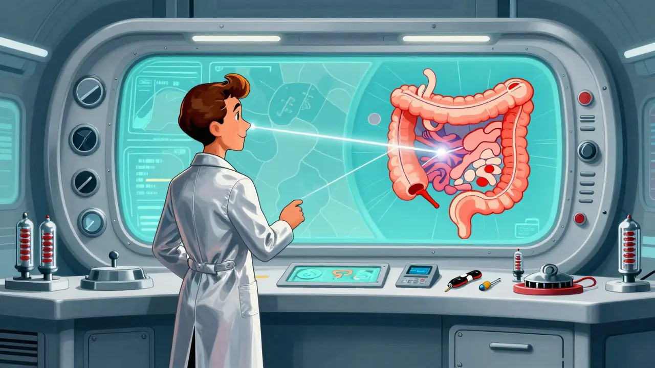 Futuristic scientist using precise tech to target specific gut bacteria.