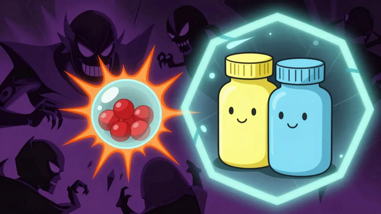 Illustration contrasting dangerous dark pills and safe colorful pills for G6PD patients