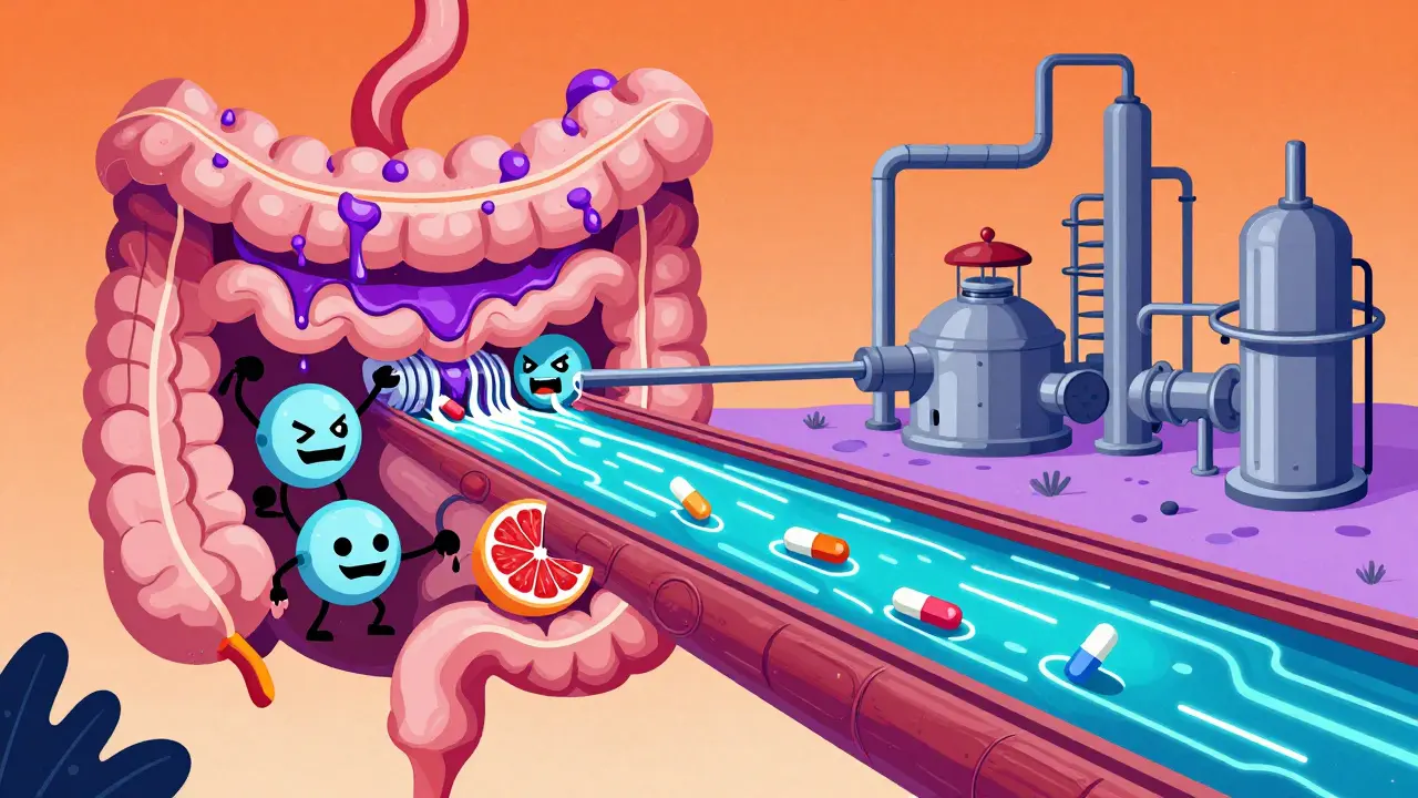 Illustration of enzymes blocked by grapefruit compounds in gut
