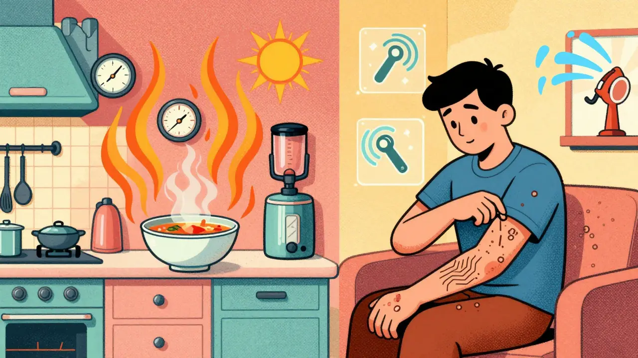 Illustration of various triggers like heat and pressure causing skin reactions