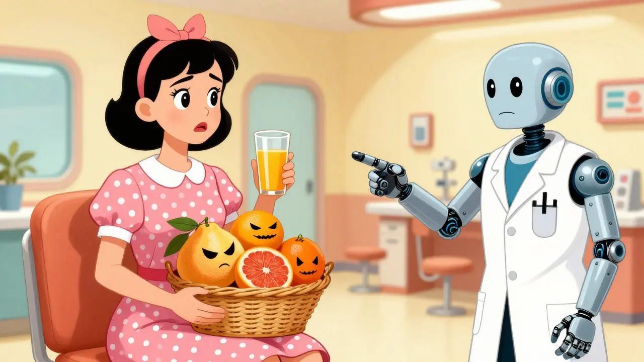Patient choosing safe orange juice over dangerous citrus fruits