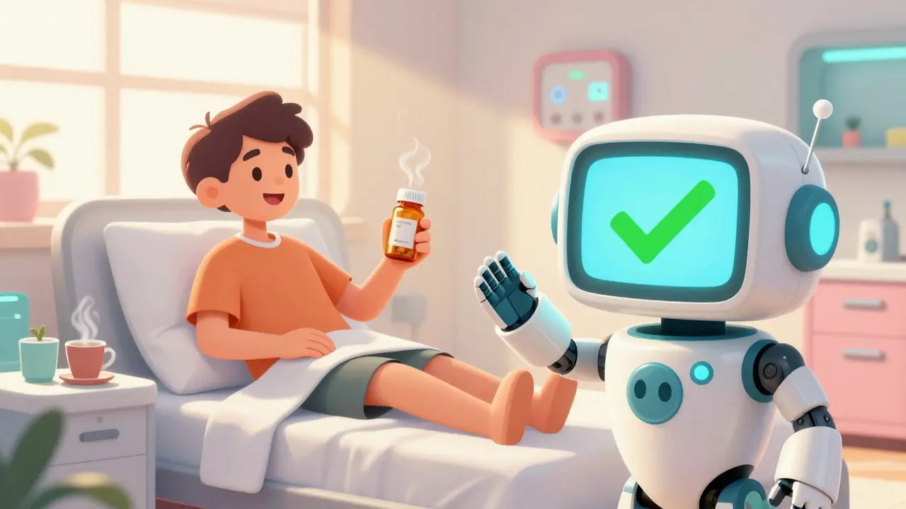 Patient taking morning pill with robot assistant
