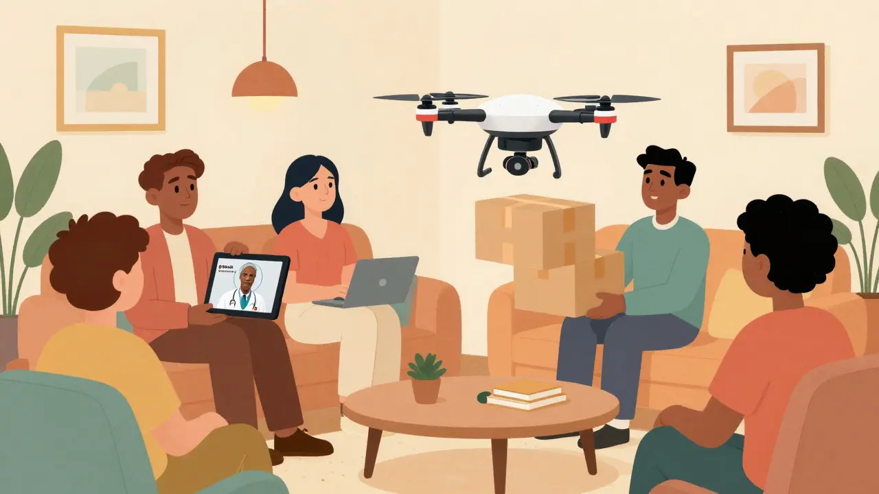 People relaxing at home using telehealth and receiving medication delivery