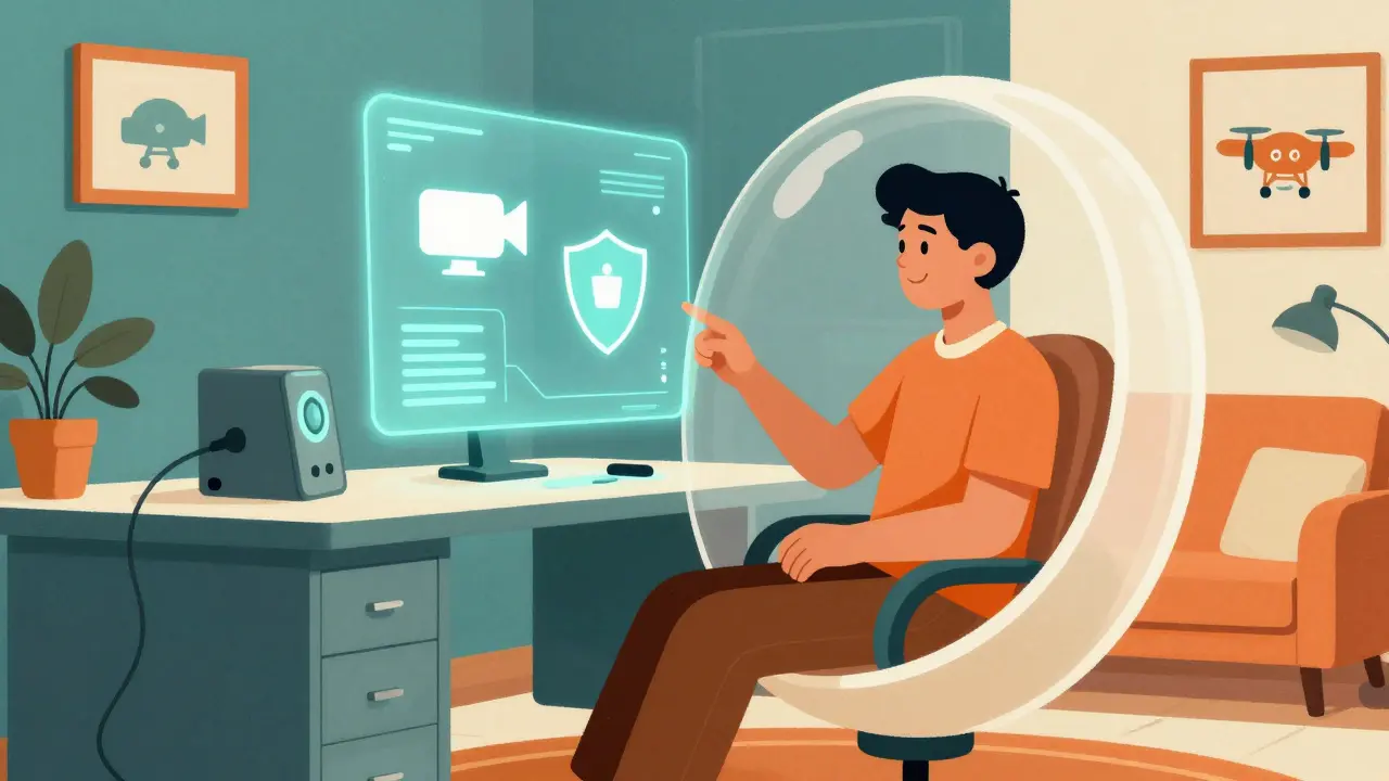 Person using holographic telehealth interface in a futuristic home office