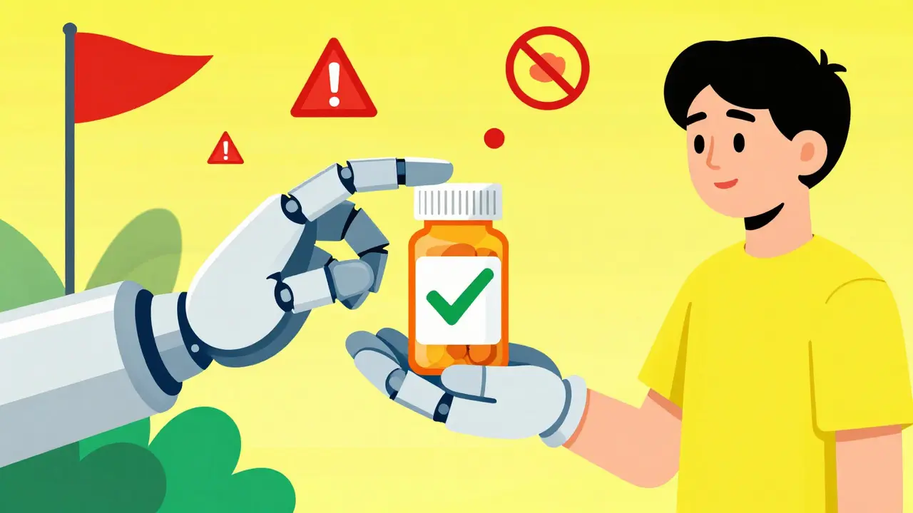 Robot presenting safe medication while rejecting scam flags