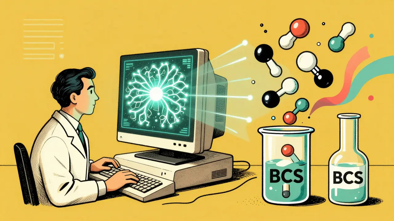 Scientist using retro computer for AI drug modeling and dissolution testing