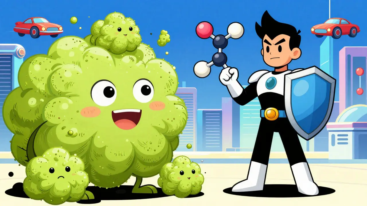 Stylized illustration of antihistamine shield blocking cartoon allergy monsters