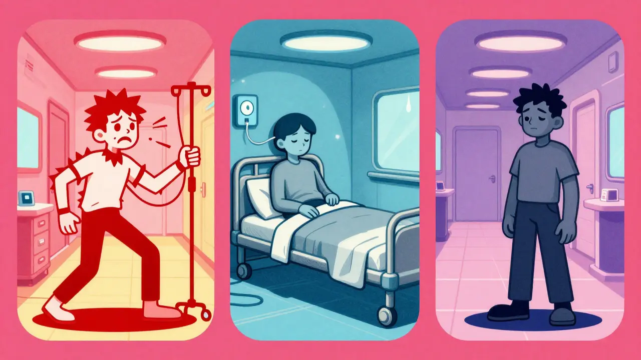 Three characters showing hyperactive, hypoactive, and mixed delirium types