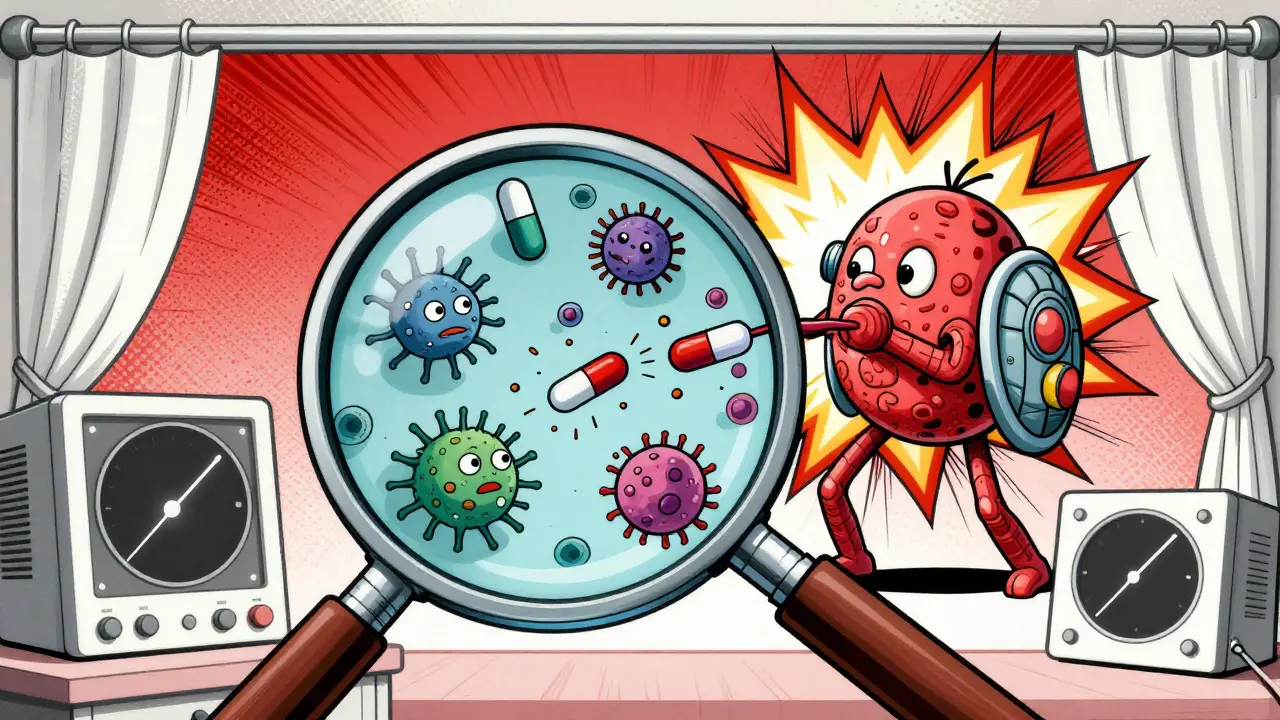 Vintage style illustration of a chaotic immune response to medication, representing Type B reactions