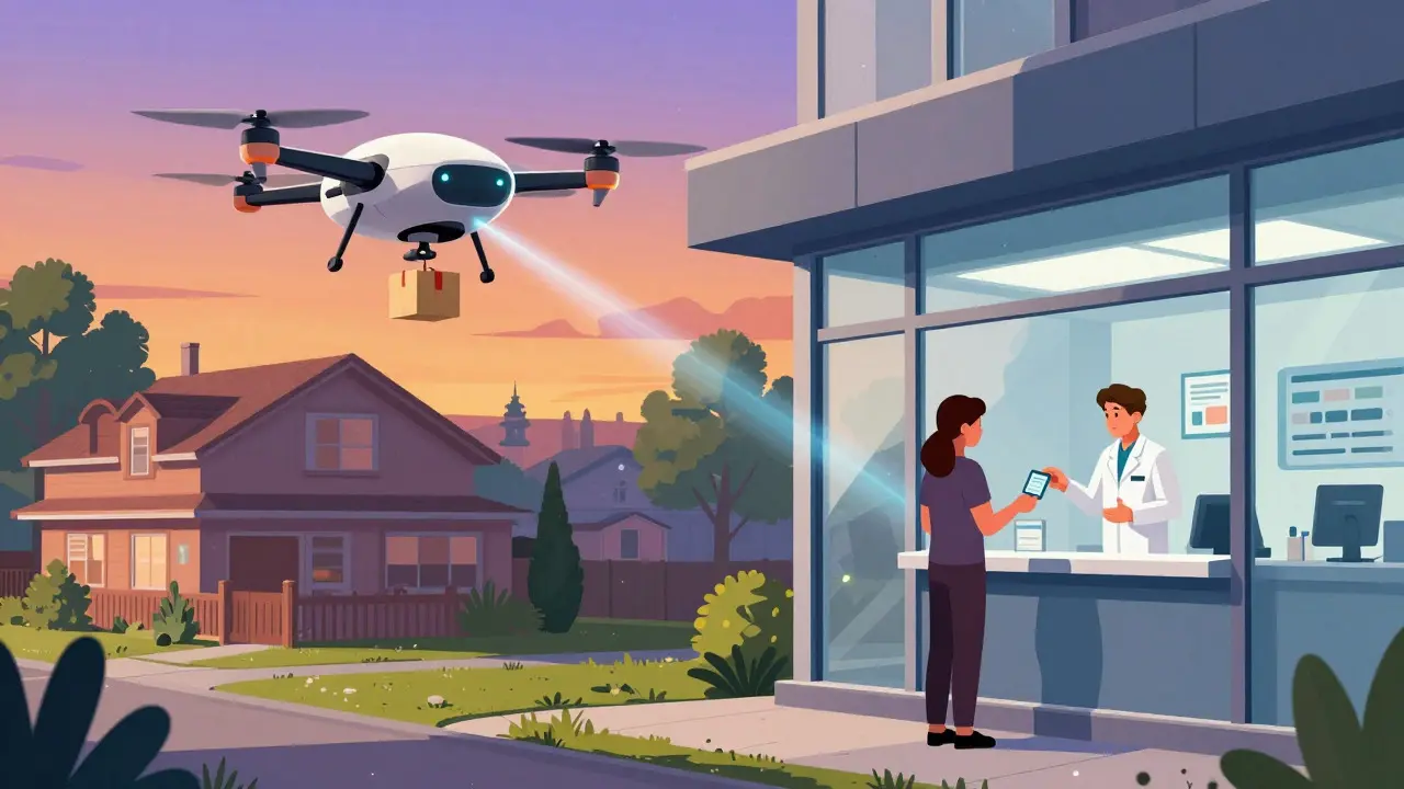Delivery drone and curbside pickup scene in a retro-futuristic setting