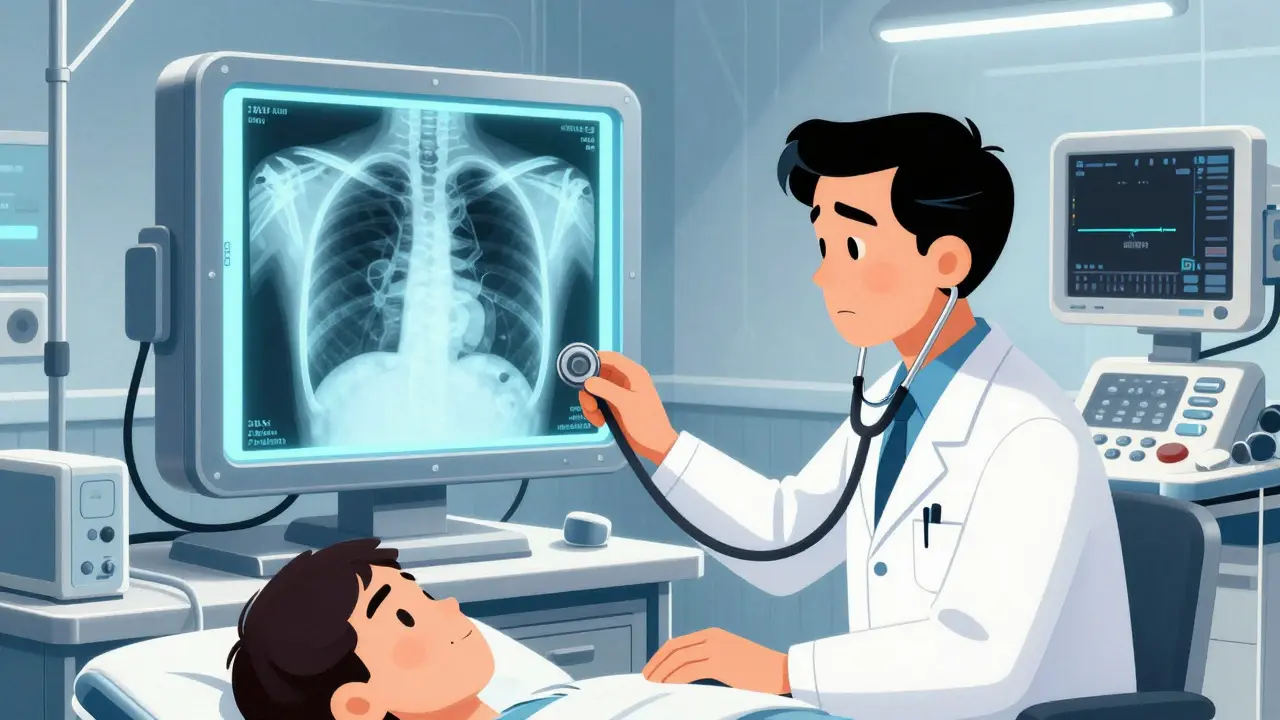 Doctor examining patient with vintage medical imaging devices