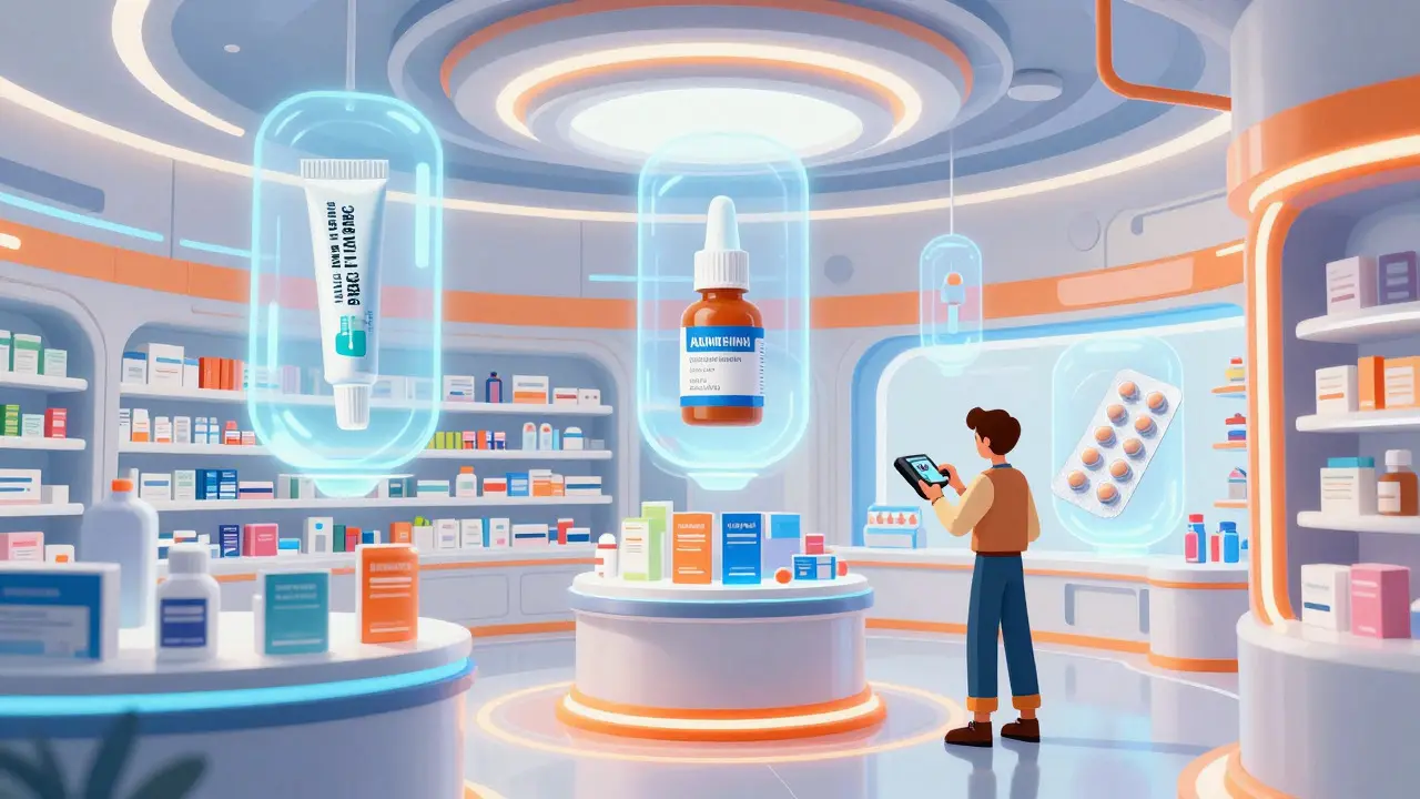 Floating medical products in a high-tech pharmacy interior with a customer