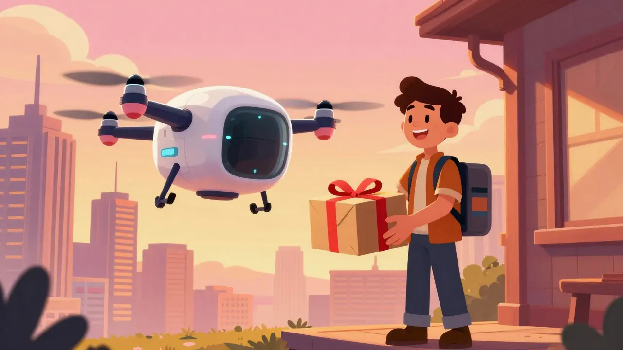 Futuristic drone delivering a medicine package to a happy customer