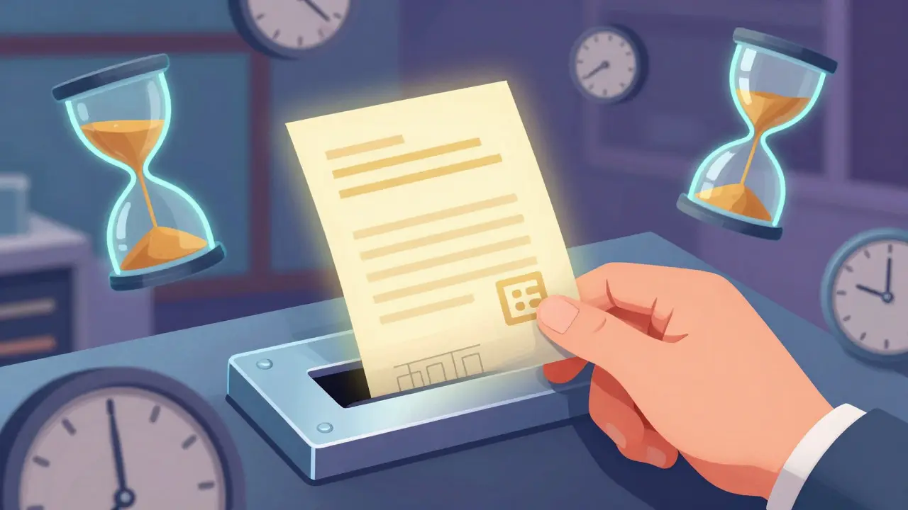 Illustration of a hand submitting a document amidst floating clocks