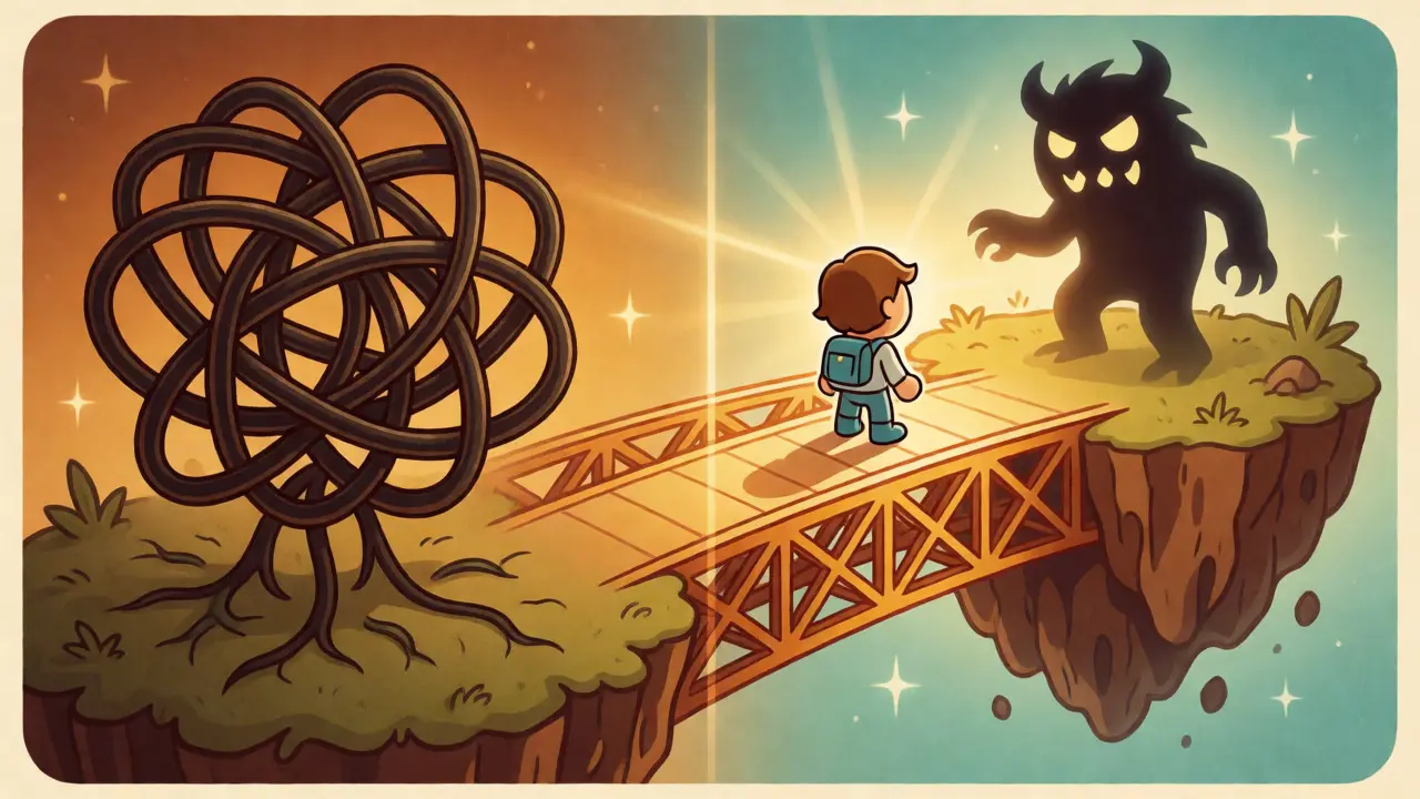 Illustration of CBT bridging the gap between chaotic thoughts and calm through exposure therapy.