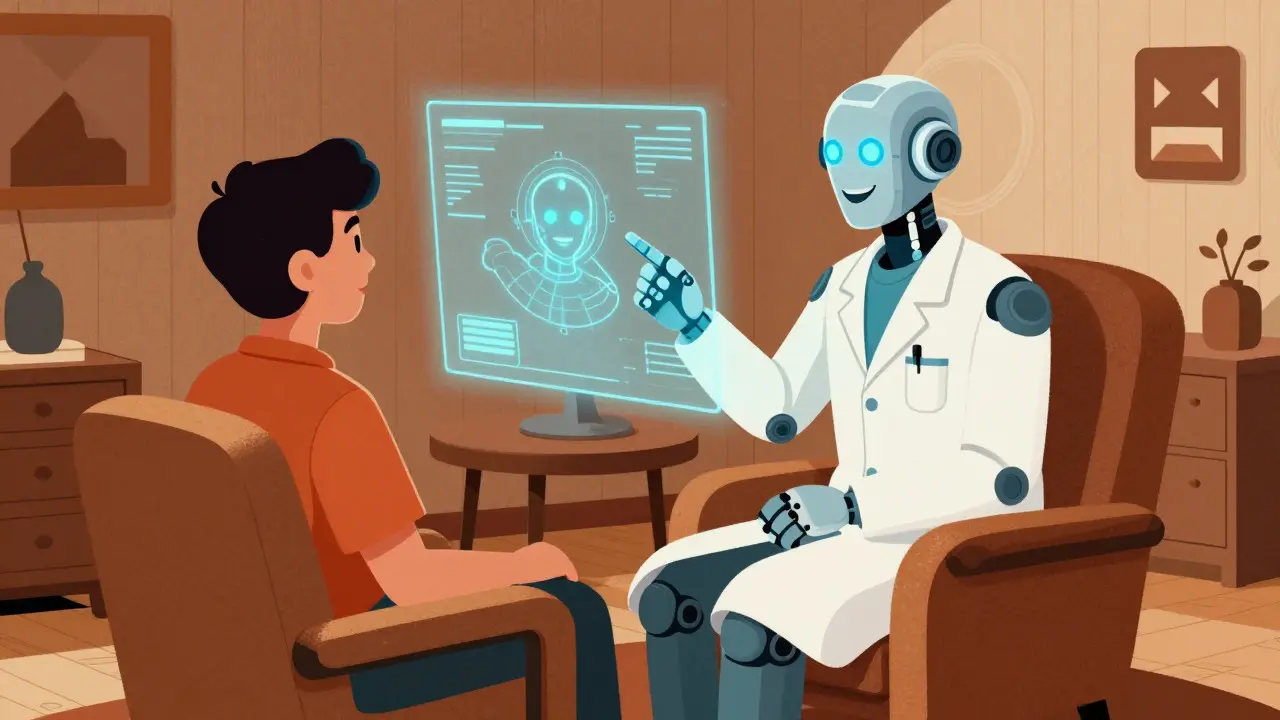 Patient consulting robot doctor via hologram in retro style